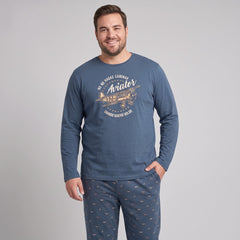 Pijama de hombre tallas grandes Dark Elephant G605 azul con avión y pantalón estampado