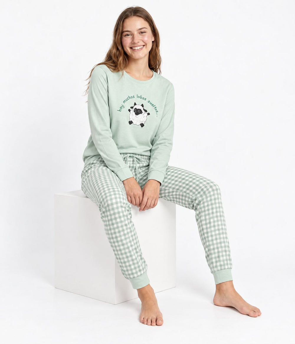 Pijama Cozy de mujer Little Unicorn CZ01 aguamarina con oveja y pantalón de cuadros