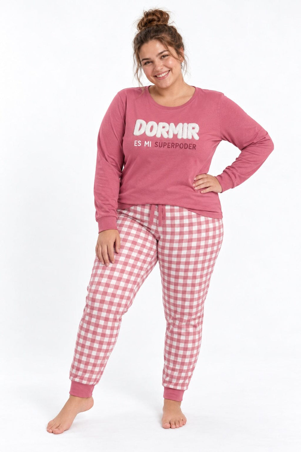 Pijama supersoft de mujer tallas grandes Little Unicorn D344 en fresa con pantalón de cuadros