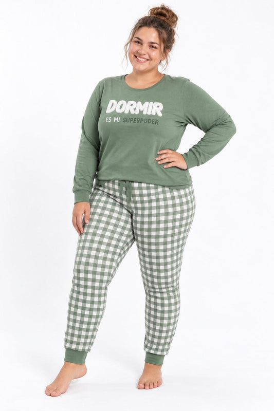 Pijama supersoft de mujer tallas grandes Little Unicorn D344 en verde con pantalón de cuadros