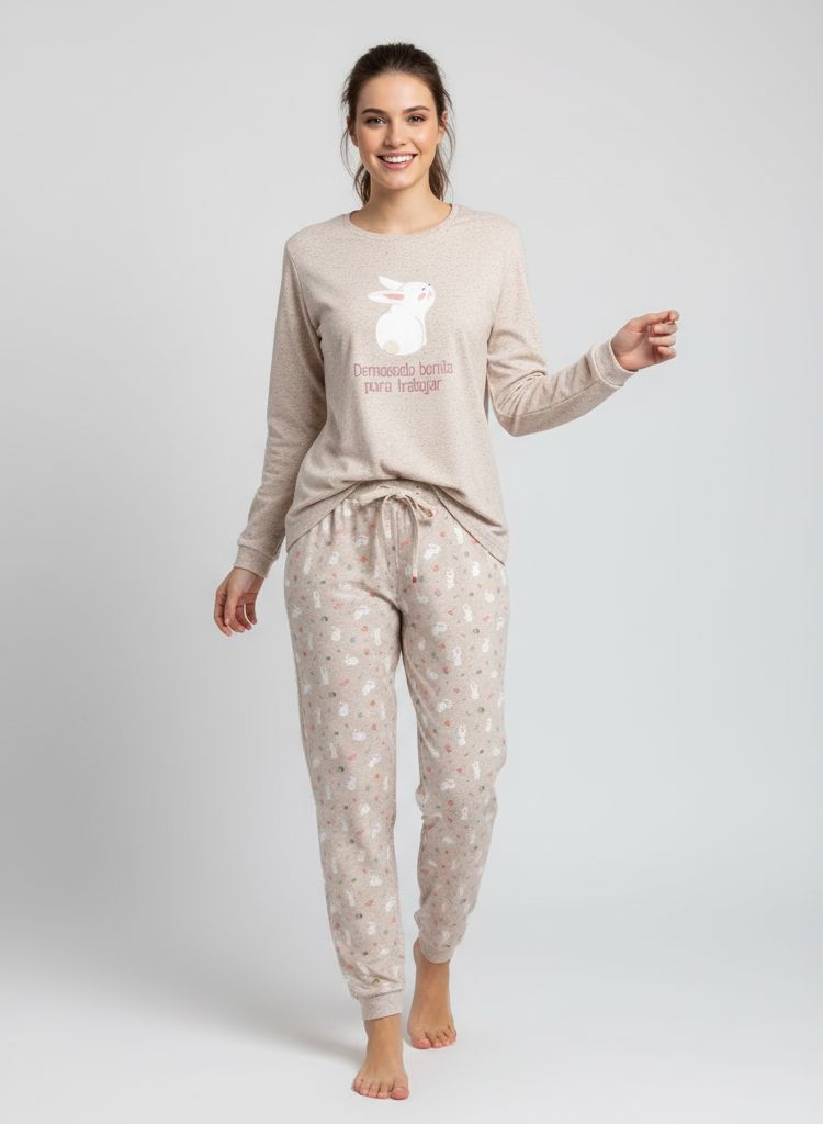 Pijama de mujer con algodón afelpado Little Unicorn D865 beige con conejos