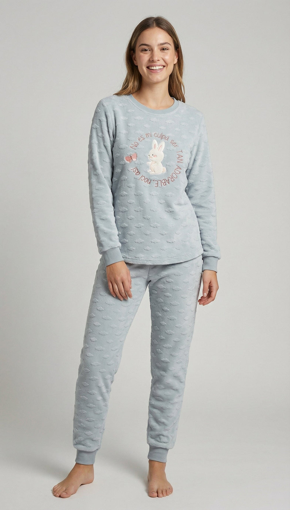 Pijama de coralina de mujer Little Unicorn D669 celeste con conejito y relieve
