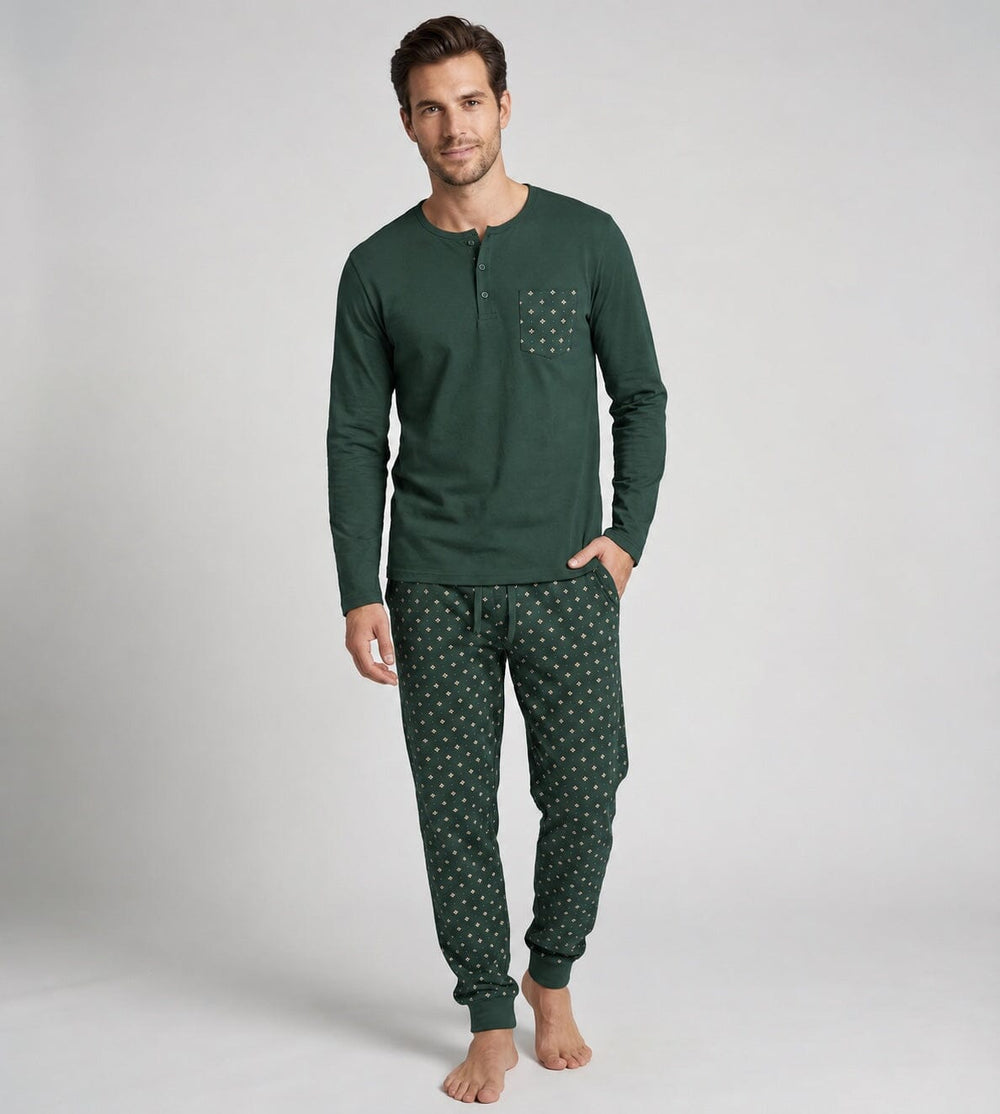 Pijama de hombre Dark Elephant G114 verde, conjunto de manga larga y pantalón largo