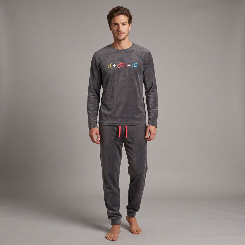 Pijama de microvelour de hombre Dark Elephant MV010 gris con bicicleta y pantalón liso