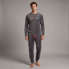 Pijama de microvelour de hombre Dark Elephant MV010 gris con bicicleta y pantalón liso