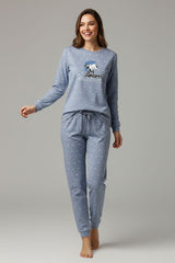Pijama de mujer Little Unicorn D133 azul empolvado con lunares y pantalón largo con puños