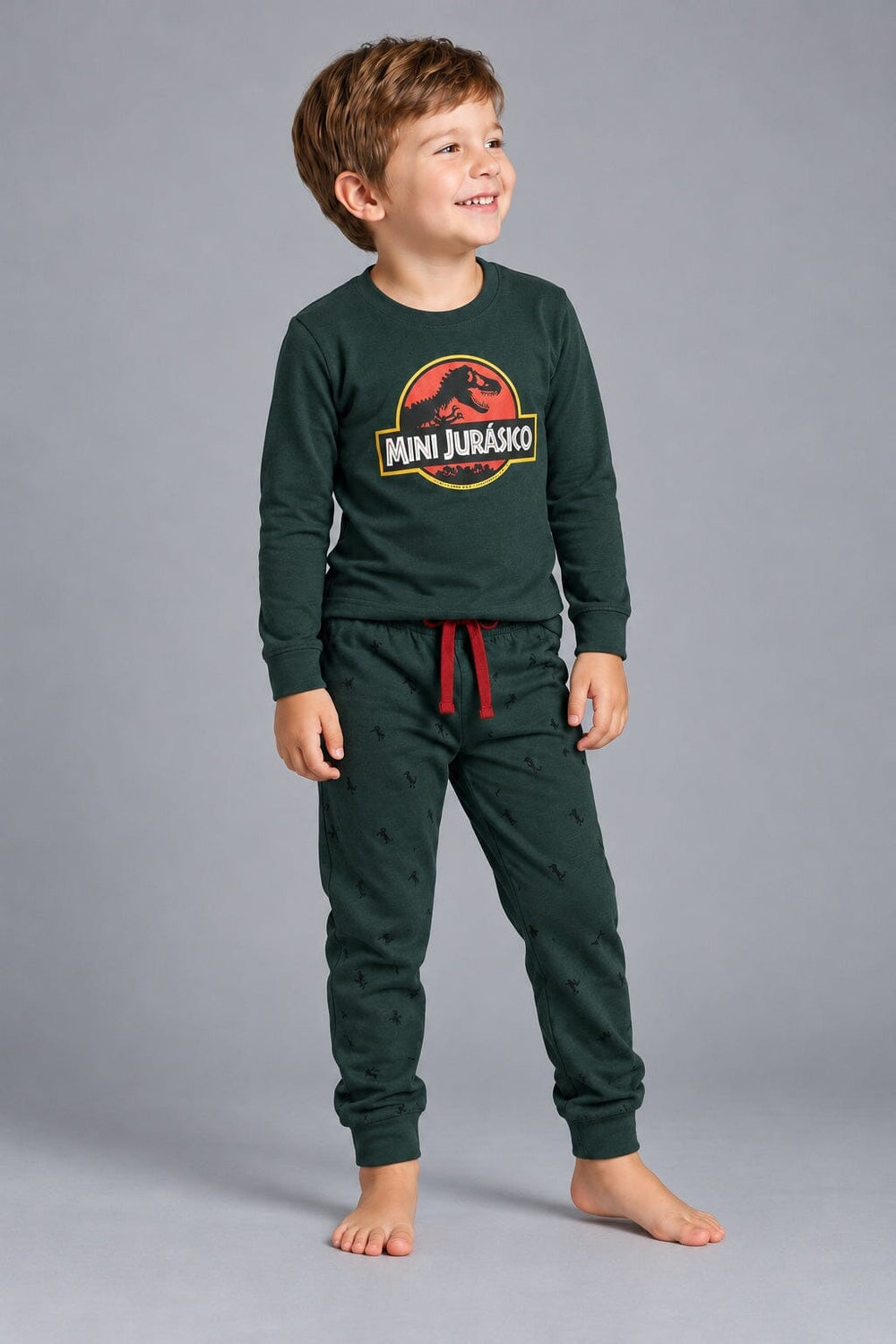 Pijama infantil Dark Elephant E34 verde con dinosaurio Mini Jurásico y pantalón a juego