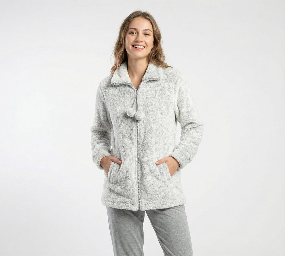 Bata corta de mujer Little Unicorn BM102 de coralina gris con cremallera y pompones