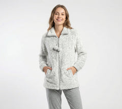 Bata corta de mujer Little Unicorn BM102 de coralina gris con cremallera y pompones