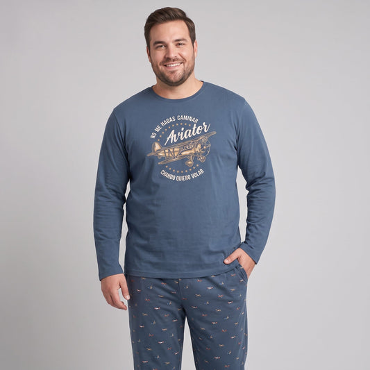 Pijama de hombre tallas grandes Dark Elephant G605 azul con avión y pantalón estampado