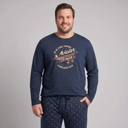 Pijama de hombre tallas grandes Dark Elephant G605 marino con avión y pantalón estampado