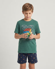 Pijama Corto Niño Cubo Rubik Dark Elephant Pijama Verano Dark Elephant by Little Unicorn Verde 3/4 