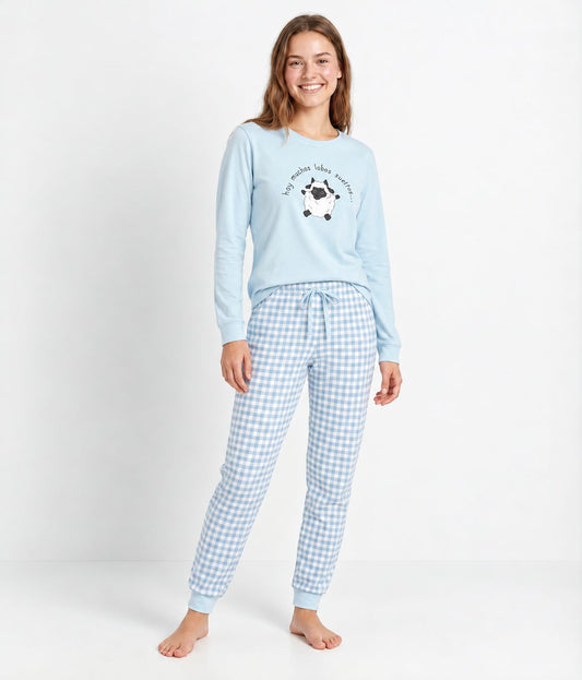 Pijama Cozy de mujer Little Unicorn CZ01 celeste con oveja y pantalón de cuadros