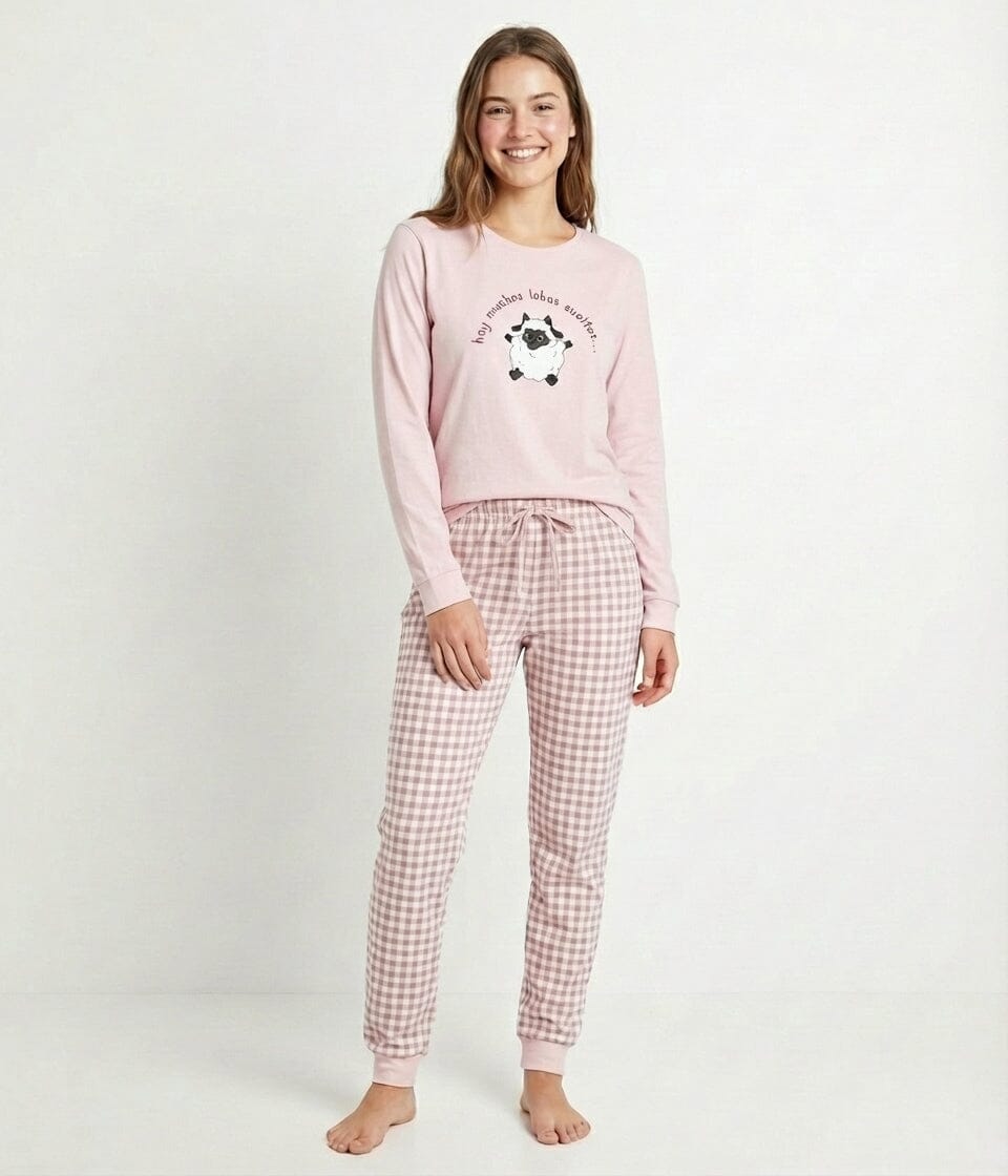 Pijama Cozy de mujer Little Unicorn CZ01 rosa con oveja y pantalón de cuadros