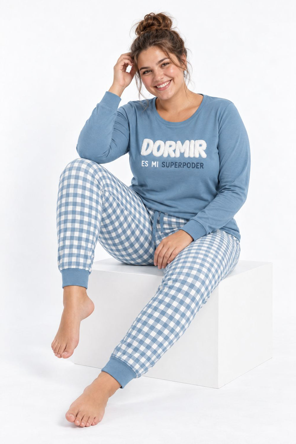Pijama supersoft de mujer tallas grandes Little Unicorn D344 en azul con pantalón de cuadros
