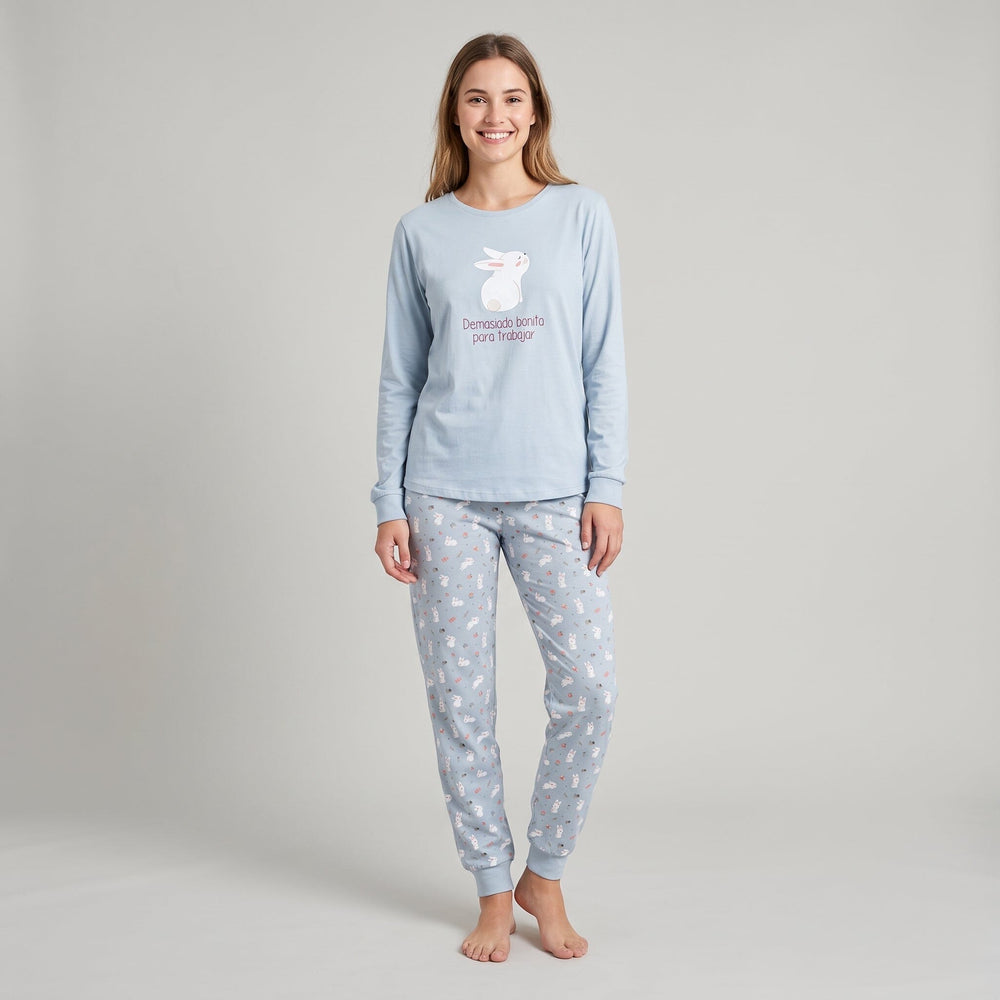 Pijama de mujer con algodón afelpado Little Unicorn D865 celeste con conejos