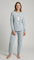 Pijama de coralina de mujer Little Unicorn D669 celeste con conejito y relieve