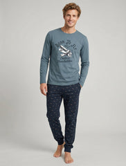 Pijama de hombre Dark Elephant G116 celeste empolvado, conjunto de manga larga y pantalón con puños