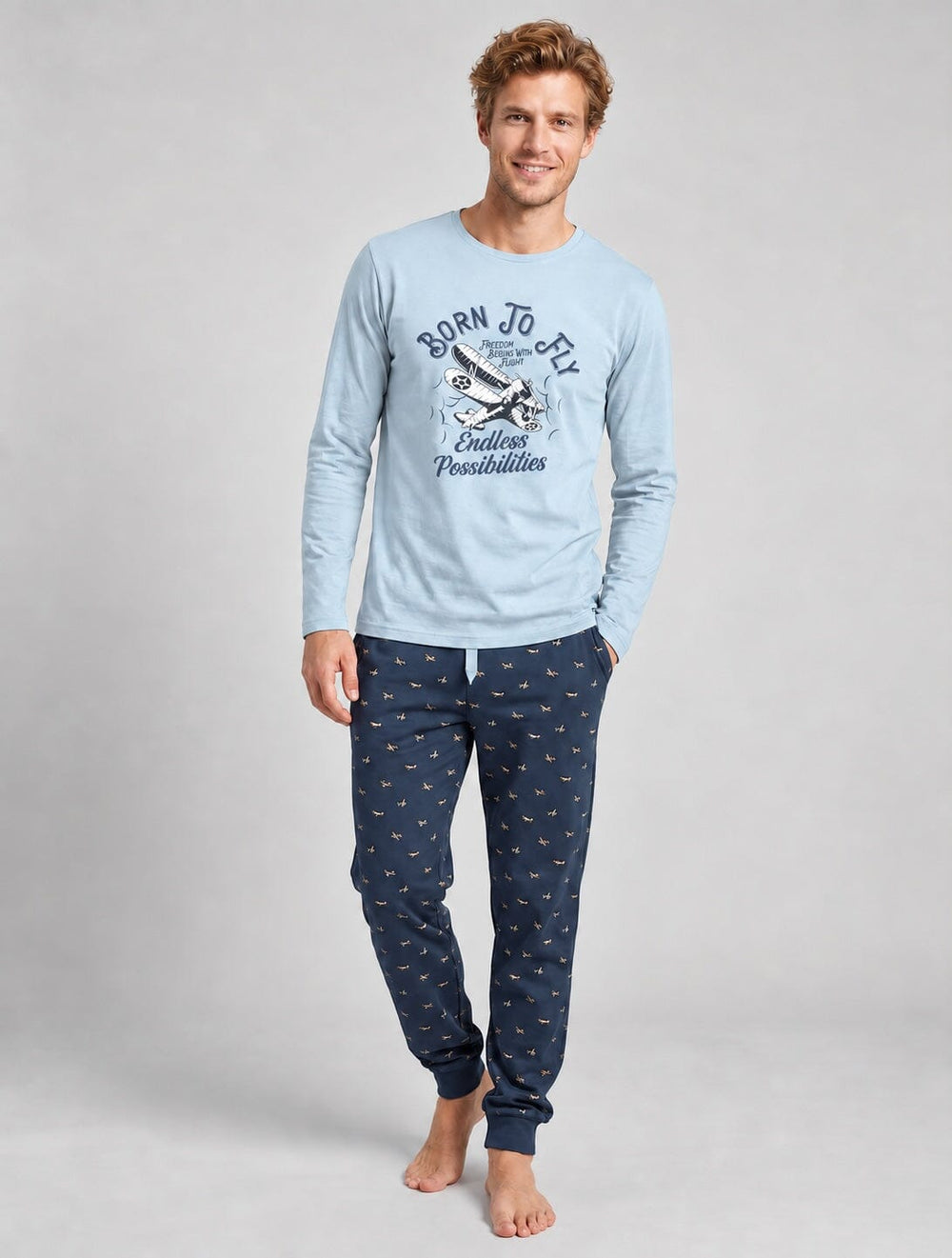 Pijama de hombre Dark Elephant G116 celeste, conjunto de manga larga y pantalón con puños