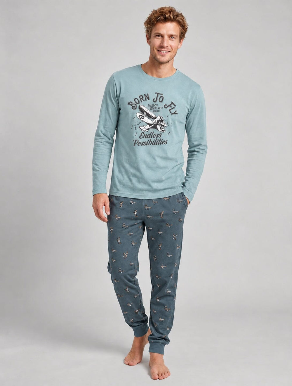 Pijama de hombre Dark Elephant G116 verde militar, conjunto de manga larga y pantalón con puños