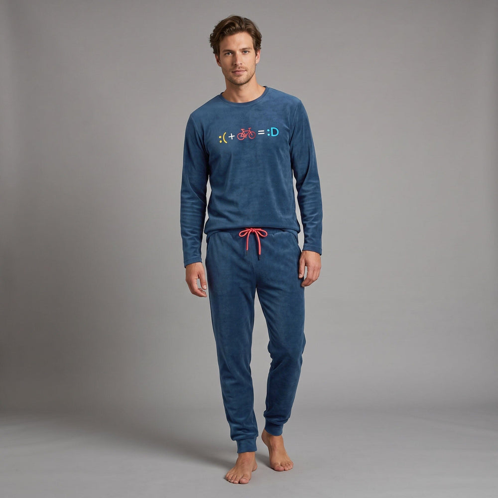 Pijama de microvelour de hombre Dark Elephant MV010 azul con bicicleta y pantalón liso