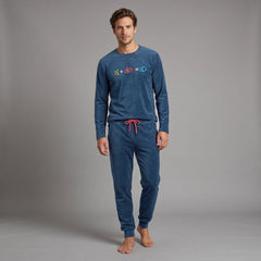 Pijama de microvelour de hombre Dark Elephant MV010 azul con bicicleta y pantalón liso