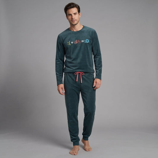 Pijama de microvelour de hombre Dark Elephant MV010 verde con bicicleta y pantalón liso