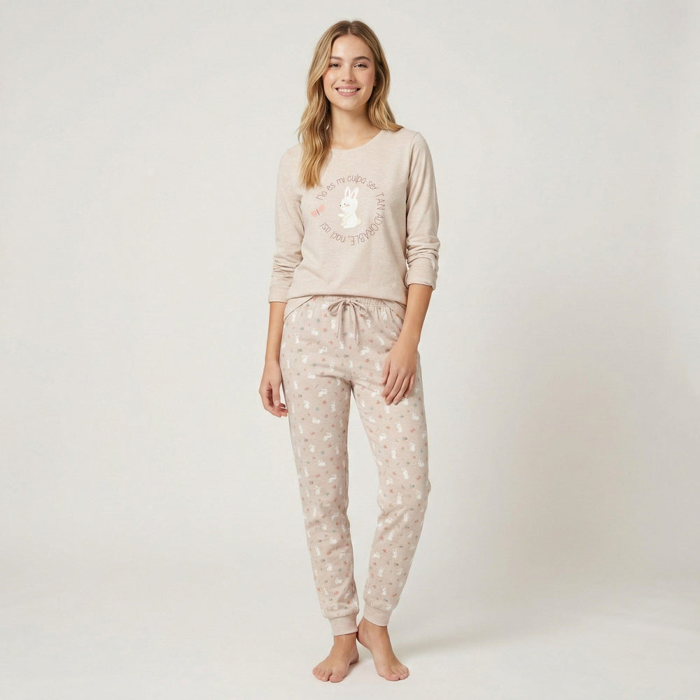 Pijama de mujer Little Unicorn D129 beige, conjunto de manga larga y pantalón con puños