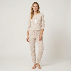 Pijama de mujer Little Unicorn D129 beige, conjunto de manga larga y pantalón con puños