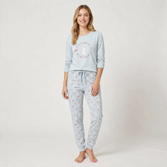 Pijama de mujer Little Unicorn D129 celeste, conjunto de manga larga y pantalón con puños