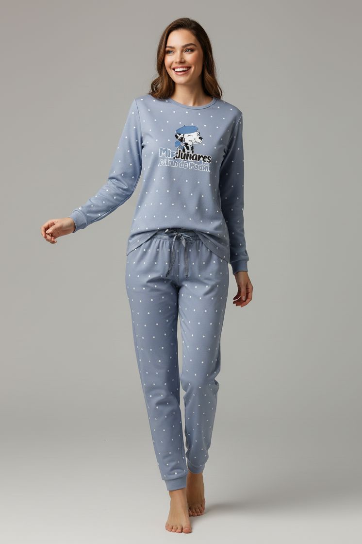 Pijama de mujer Little Unicorn D133 azul empolvado con lunares y pantalón largo con puños