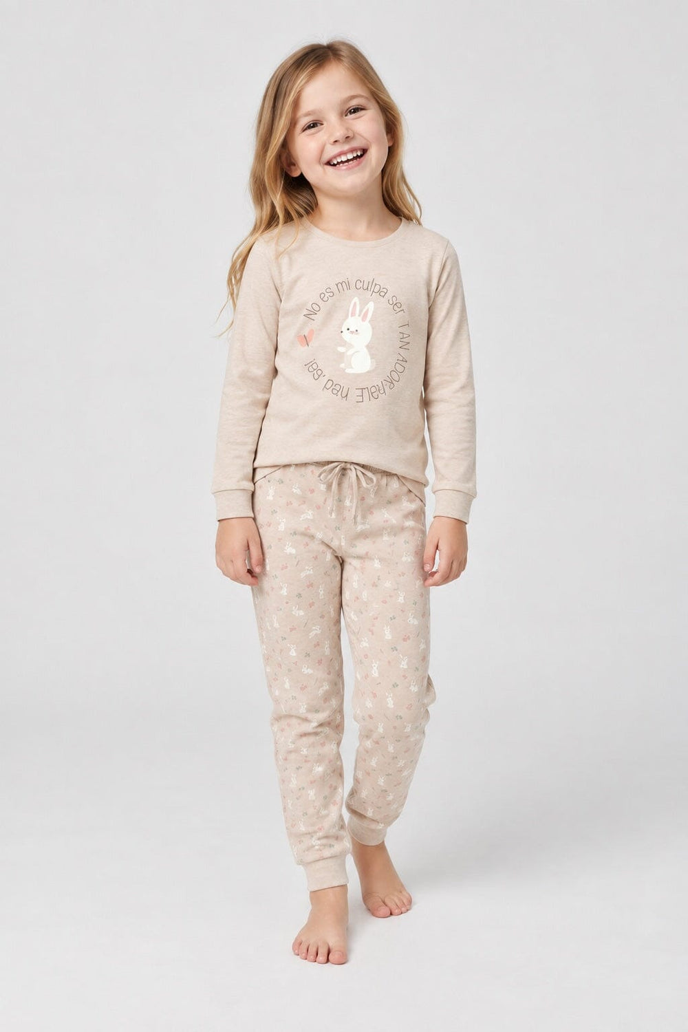 Pijama de niña Little Unicorn A32 beige, conjunto de manga larga y pantalón con puños