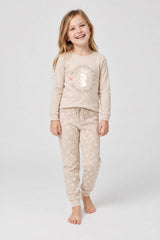 Pijama de niña Little Unicorn A32 beige, conjunto de manga larga y pantalón con puños