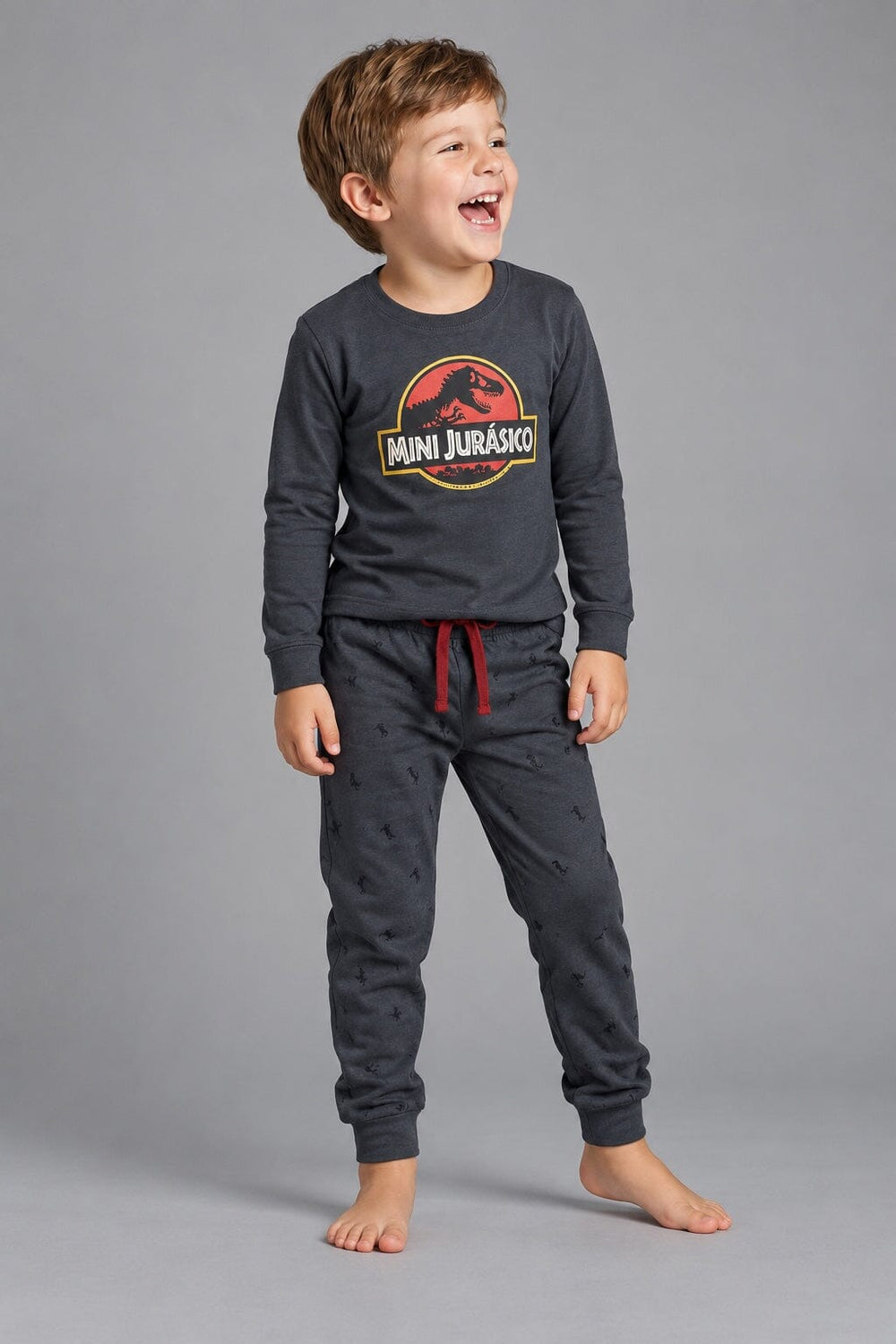 Pijama infantil Dark Elephant E34 gris azulado con dinosaurio y pantalón a juego