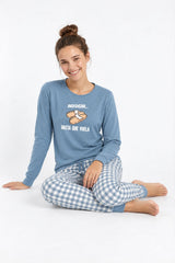 Pijama supersoft de mujer Little Unicorn S108 azul con planeta y pantalón de cuadros
