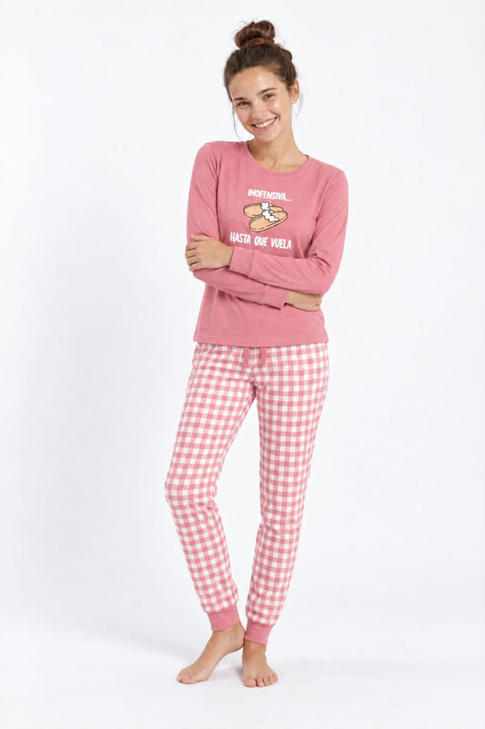 Pijama supersoft de mujer Little Unicorn S108 fresa con planeta y pantalón de cuadros