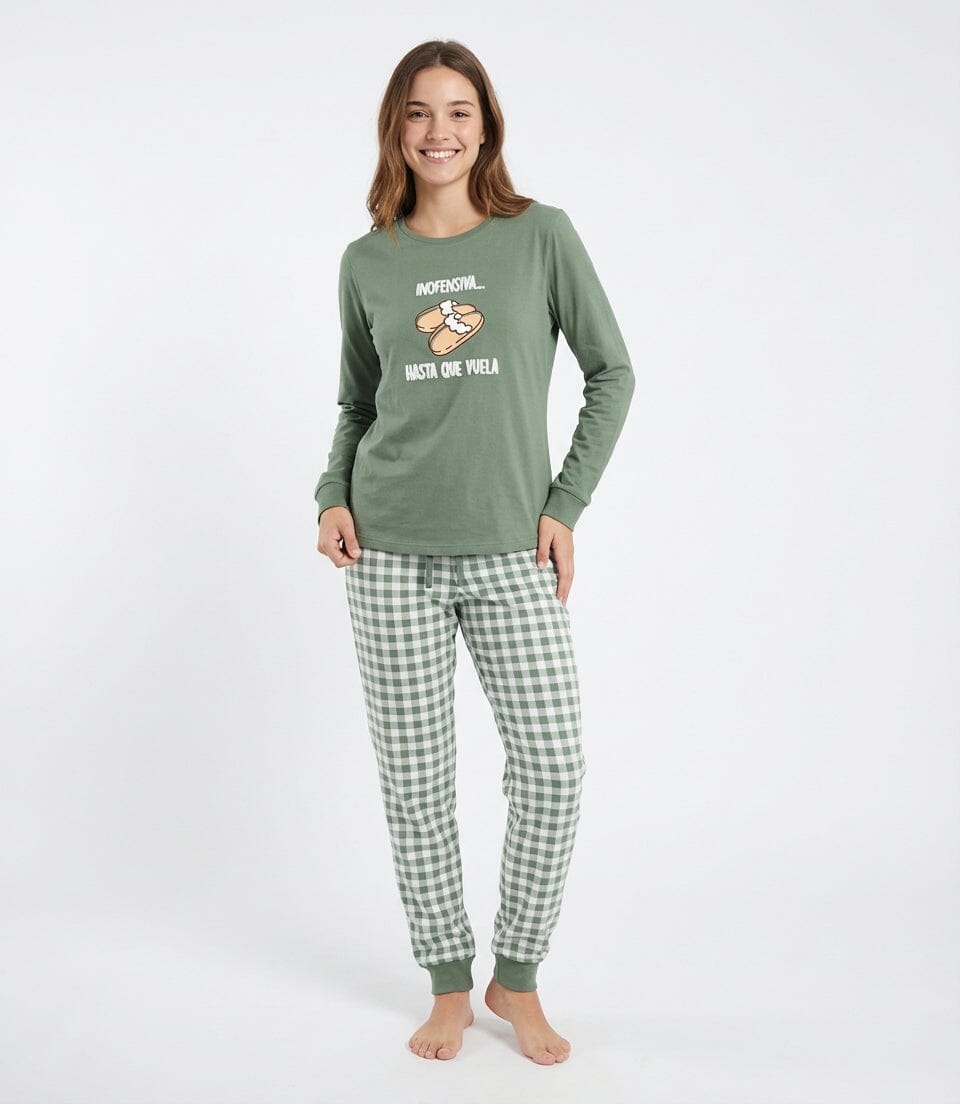 Pijama supersoft de mujer Little Unicorn S108 verde con planeta y pantalón de cuadros