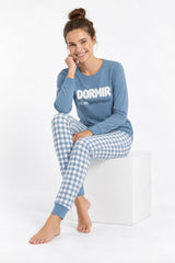 Pijama supersoft de mujer Little Unicorn S109 azul con mensaje y pantalón de cuadros