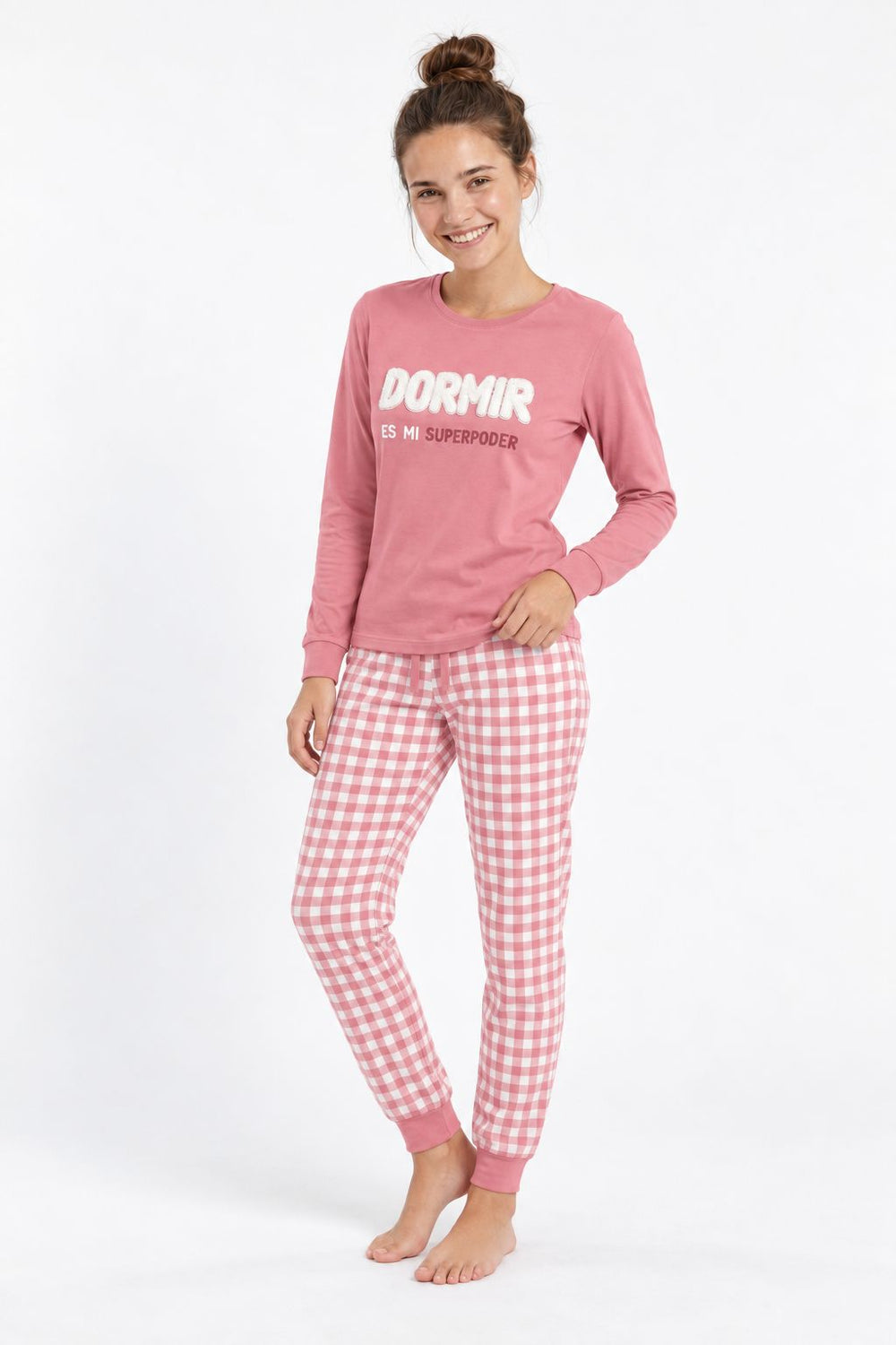 Pijama supersoft de mujer Little Unicorn S109 fresa con mensaje y pantalón de cuadros