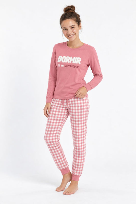 Pijama supersoft de mujer Little Unicorn S109 fresa con mensaje y pantalón de cuadros