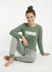 Pijama supersoft de mujer Little Unicorn S109 verde con mensaje y pantalón de cuadros